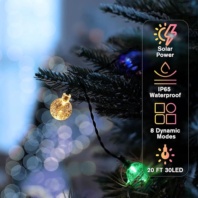 Metaku Solar String Lights for Outside, 20FT 30 LED Crystal Globe String Lights, Solar Powered Outdoor Light with 8 | Lumora