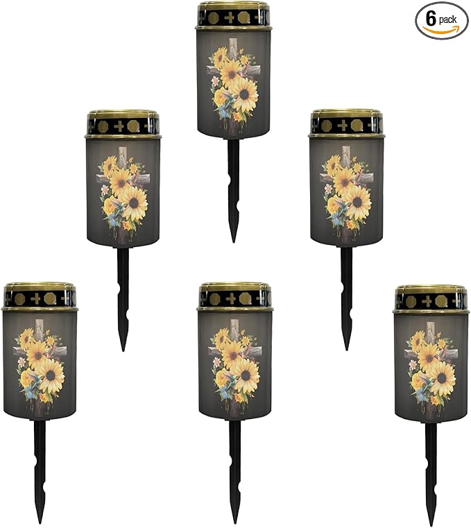 Cross-Sunflower Solar Lights Outdoor Garden Stake Lights Waterproof Cemetery Solar Lights for Grave Landscape Lighting Outdoor Table Lamp Flameless Lights Warm White LED Lantern