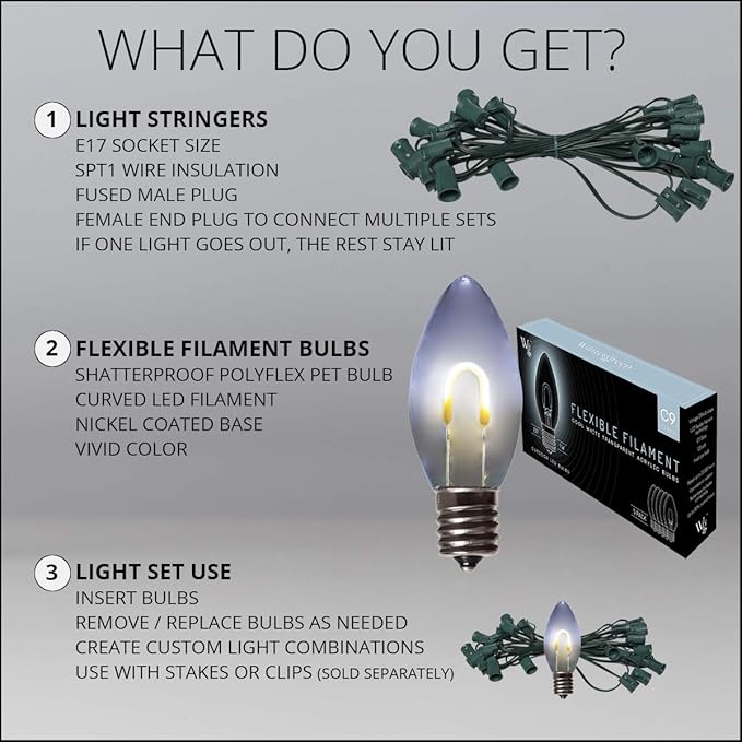 15' FlexFilament LED Cool White C9 Christmas Lights Outdoor String Lights, Shatterproof Edison Bulb String Lights | Lumora