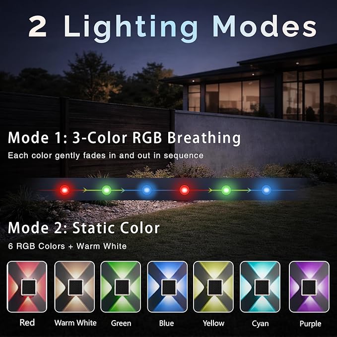 Solar Powered Outdoor Lights, IP65 Waterproof RGB & Warm White Color Changing LED Lights, Efficient Battery for Patio, Stairs, Fence, Yard, Pathway & Garden Decoration, 4-Sided Illumination