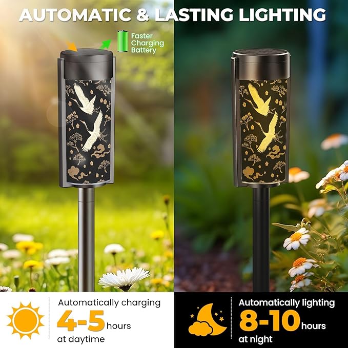 4 Pack Solar Pathway Lights Outdoor Waterproof Japanese seamless crane birds elements Asian oriental decoration such Solar Garden Lights LED Landscape Lighting for Yard Walkway Lawn Garden Decor