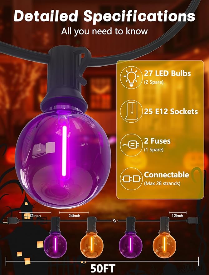 SUNSGNE G40 LED Halloween String Lights Outdoor 50FT Halloween Globe Lights with 27 LED Shatterproof Clear Orange | Lumora