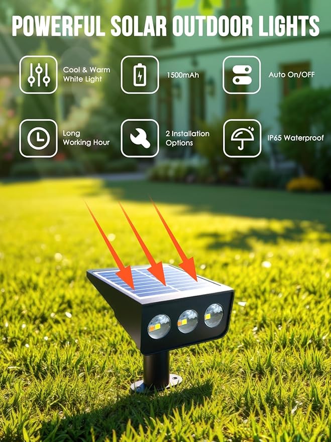 Solar spot Lights Outdoor IP65 Waterproof Solar spotlights 3 Lighting Modes Tree Lights for Outdoor Yard Garden Auto On/Off Wall Lights for Walkway Driveway Garage 4 Pack (Warm White