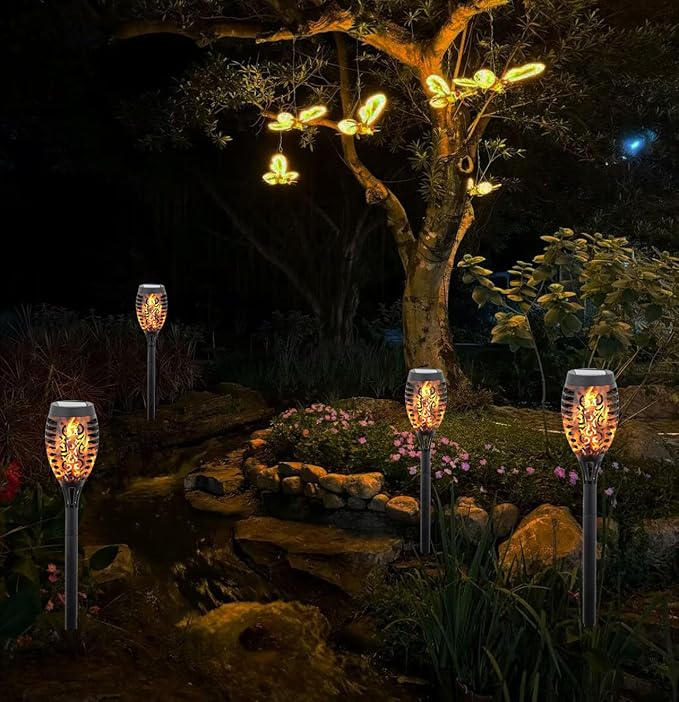 4Pcs Solar Flame Flickering Lamp Torch，Solar Garden Lights Outdoor Waterproof for Courtyard, Garden, Seaside, Balcony, Terrace, Lawn. (Orange)