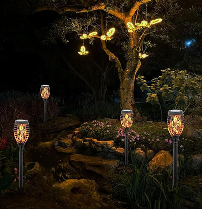 4Pcs Solar Flame Flickering Lamp Torch，Solar Garden Lights Outdoor Waterproof for Courtyard, Garden, Seaside, Balcony, Terrace, Lawn. (Orange)