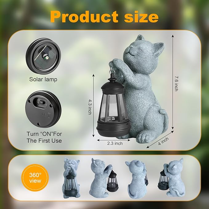 Solar Cat Garden Statue with LED Light - Cute Cat Figurine for Outdoor Decor, Weatherproof Resin Night Light for | Lumora