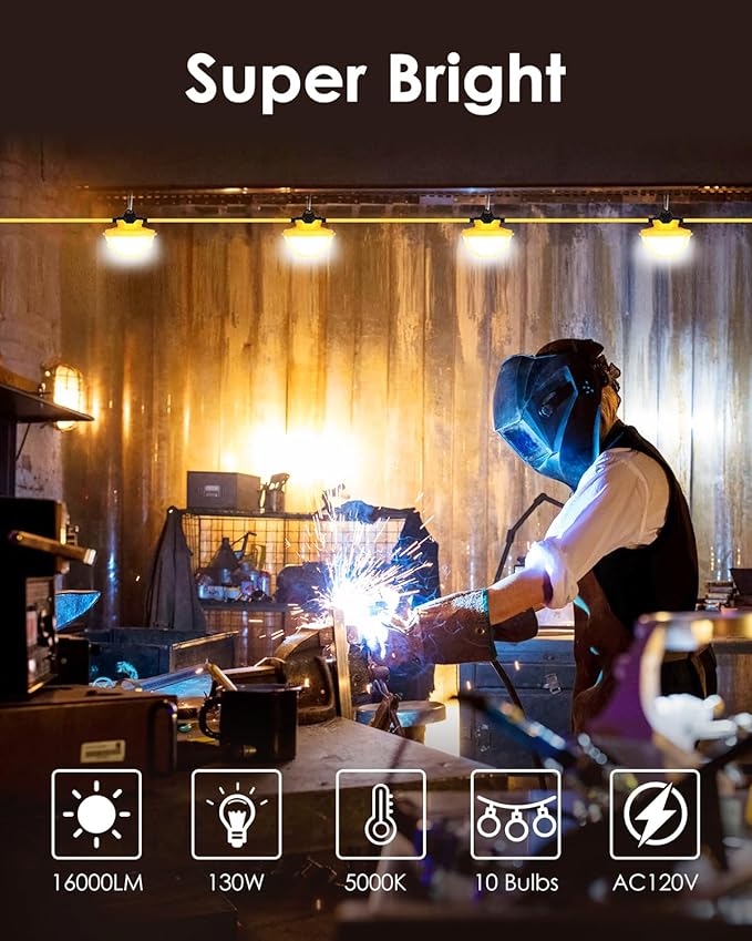 100FT LED Construction String Lights - 3 Prong, 130W 16000LM Plug in Linkable String Work Lights, 5000K | Lumora