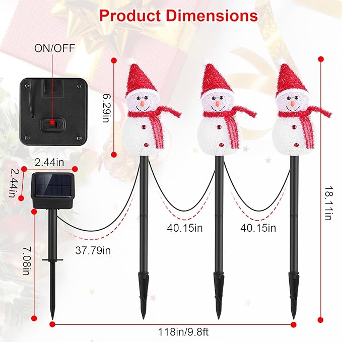 Set of 3 Snowman Solar Christmas Decorations, Solar Garden Stake Lights, IP55 Waterproof Solar Walkway Lights for Your Garden, Landscape, Path, Yard, Patio, Driveway, Pathway (Warm White)