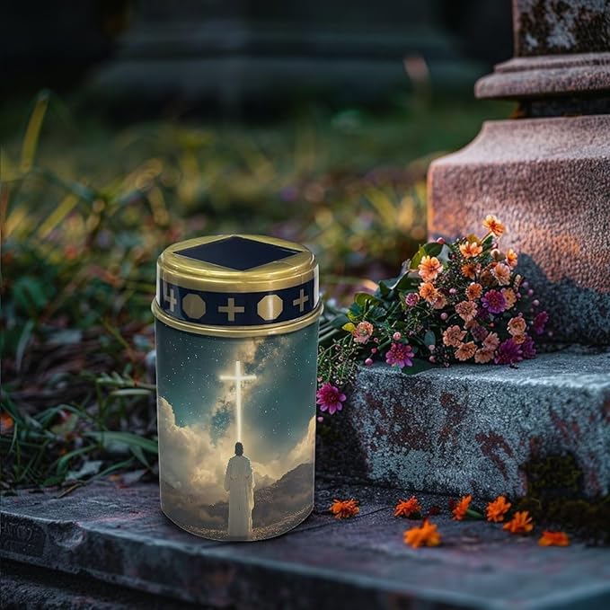 Poceacles 6 Pack Cross Solar Lights Waterproof Solar Garden Lights Cemetery Solar Outdoor Lights Outdoor Stake Automatic Solar Lantern for Cemetery Grave Decoration, God Cross Galaxy Blue