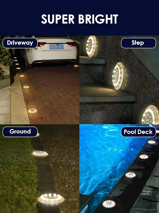 Solar Dock Lights, Bright Disc LED Outdoor Waterproof, Anti-Slip & Anti-Trip Flat Low Profile for Marine, Deck, Ground, Pool, Pier, Pathway, Step (Warm White, 6Pack)