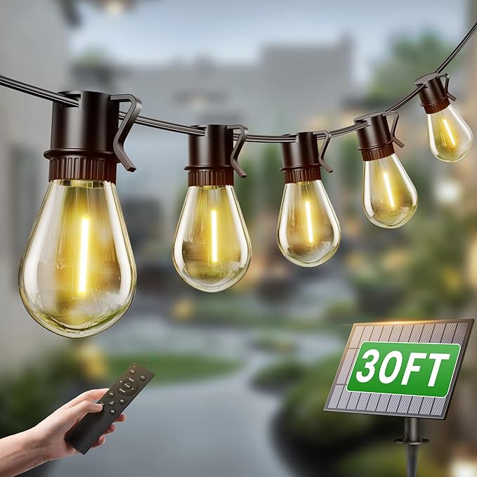 Torkase Outdoor Solar String Lights, 30FT Waterproof S14 LED Patio Lights with 13 Shatterproof Bulbs, USB Rechargeable, 2200K Warm White, Energy-Saving Hanging for Garden, Porch, Bistro, Camping