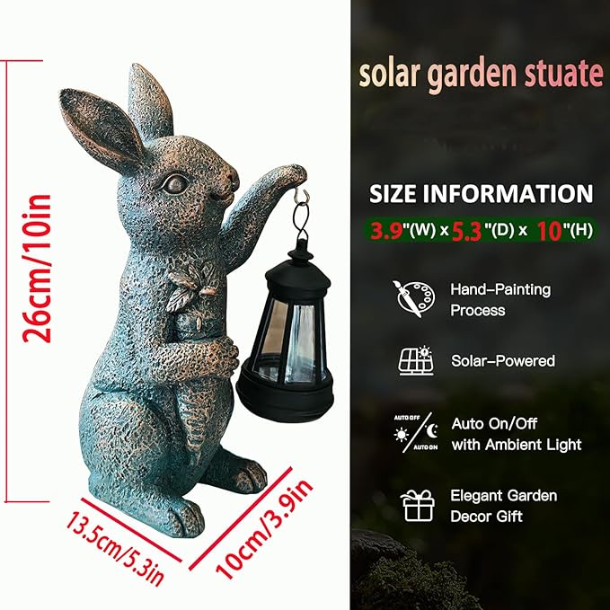 Solar Garden Statues -Rabbit Lantern Outdoor Handmade Resin Statue with LED Light, Cute Carrot Holder for Patio | Lumora