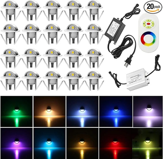 20 Pack LED Stair Lights Kit Outdoor 1-2/5" 0.2W-0.4W Low Voltage Waterproof IP65 Multi-Color RGB Recessed Wood LED Deck Lighting Yard Garden Patio Step Landscape Pathway Decor Lamps