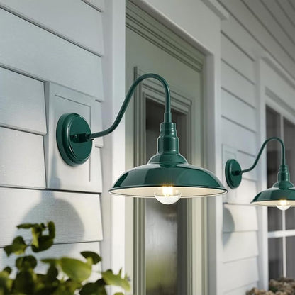 10in Outdoor Gooseneck Barn Light Wall Mount, Green Exterior Farmhouse Porch Lights with White Interior Small Dome Outdoor Patio Gooseneck Wall Sconce Garage Lighting for House, Cabin