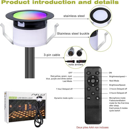 FVTLED LED Deck Lights Kit, Φ1.22 Low Voltage WiFi Pixel RGBW+IC Multi-Color Dynamic Deck Lighting with Remote Control, IP67 Waterproof Outdoor Step Lights DC12V for Garden,Steps,Stair(20 Pack, Black)