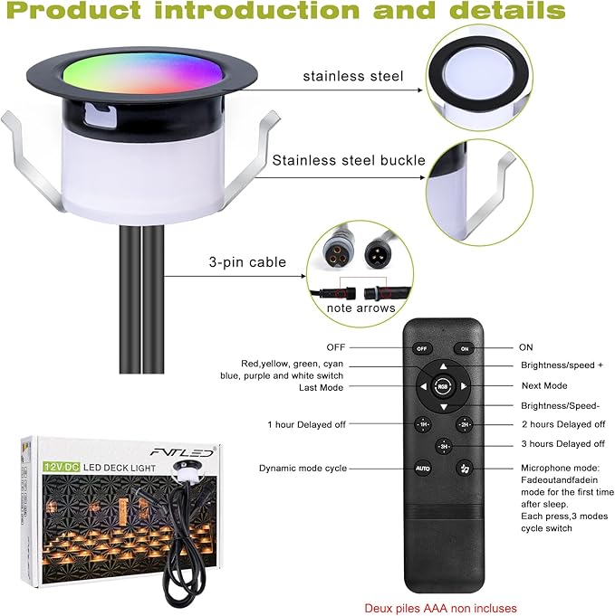FVTLED LED Deck Lights Kit, Φ1.22 Low Voltage WiFi Pixel RGBW+IC Multi-Color Dynamic Deck Lighting with Remote Control, IP67 Waterproof Outdoor Step Lights DC12V for Garden,Steps,Stair(50 Pack, Black)