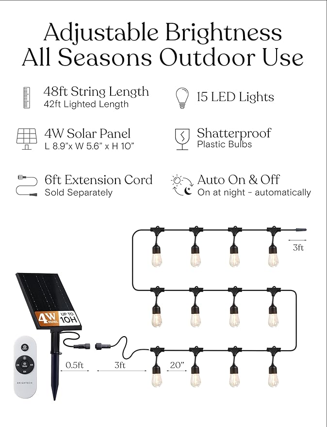 Brightech Solar String Lights with 32 Hanging Edison Bulbs and Brightness Controls with Remote 7W-104 3000K