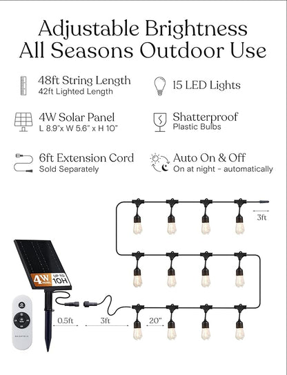 Brightech Solar String Lights with 32 Hanging Edison Bulbs and Brightness Controls with Remote 7W-104 3000K