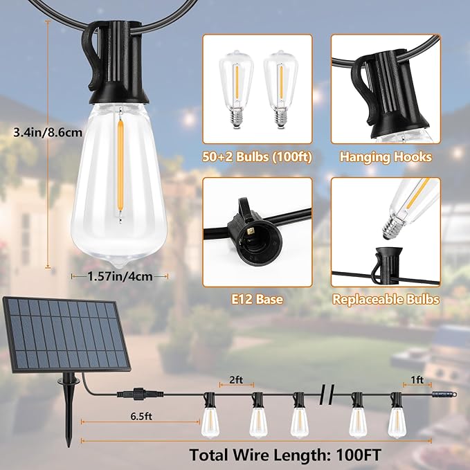 100FT Outdoor Solar String Lights with Remote, USB Rechargeable LED Patio Lights with 52 Timer Dimmable ST38 Edison | Lumora