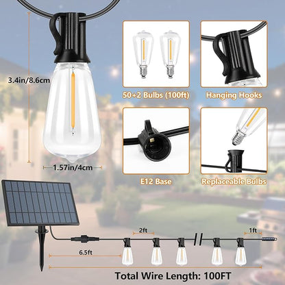 100FT Outdoor Solar String Lights with Remote, USB Rechargeable LED Patio Lights with 52 Timer Dimmable ST38 Edison Bulbs, Enhanced 5W Solar Panel Outside Hanging Lights for Porch Garden Deck Backyard