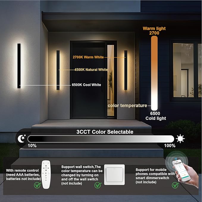 Modern Outdoor Wall Lights, 3CCT Dimmable Black Outdoor Wall Sconce with Remote Control, 70.87in Waterproof Linear | Lumora