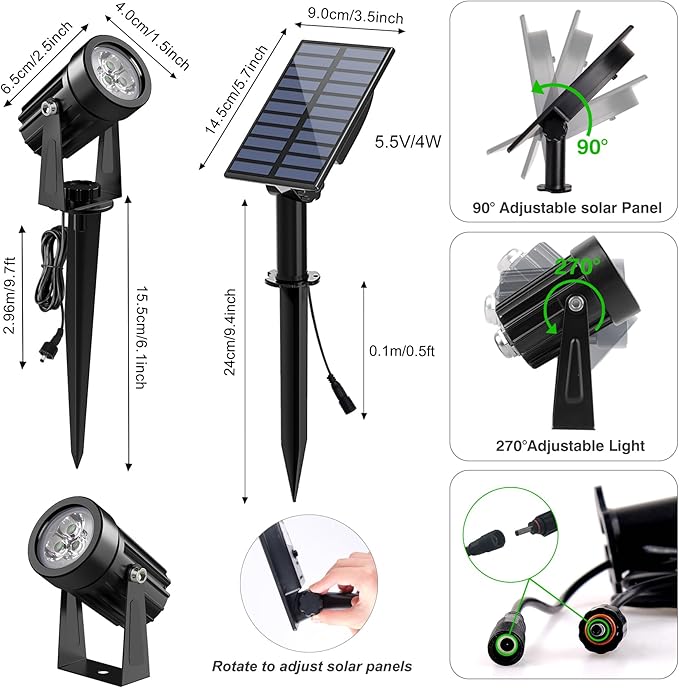 Green Solar Spot Lights Outdoor, 2 Pack Solar Landscape Spotlights IP65 Waterproof 9.8ft Cable, Auto On/Off Outdoor | Lumora
