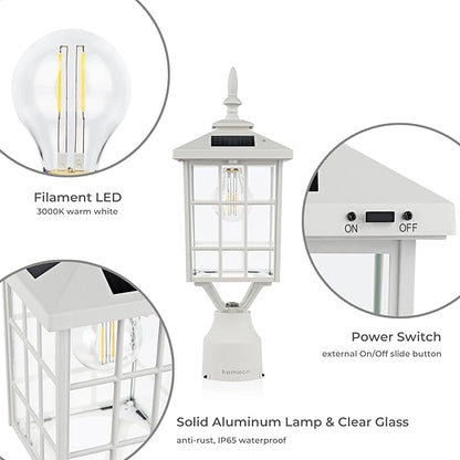 Kemeco ST4224Q-W Solar Post Light Outdoor Led Squared Frame Fixture with 3" Pier Mount Base for Garden Street Pole Landscape Yard Driveway Entryways (White)