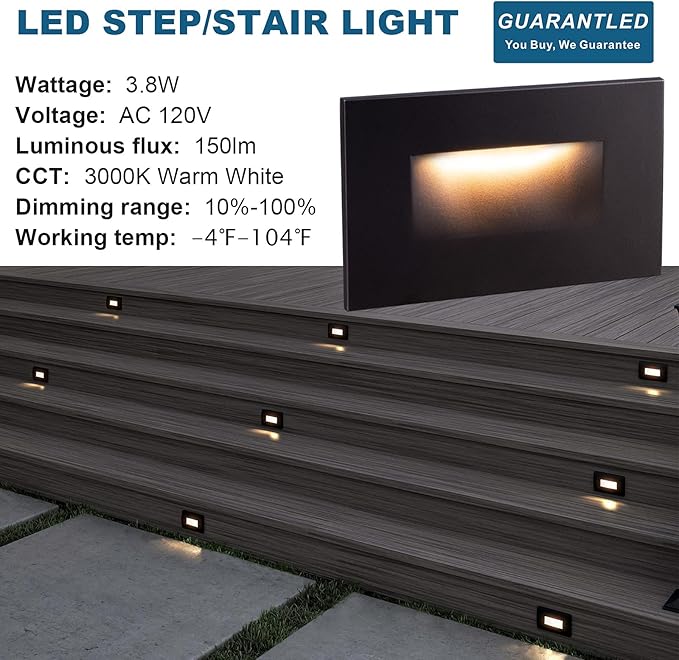 Step Lights Outdoor 6 Pack Classic, 120V 3CCT Selectable Stair Lights Indoor, Waterproof LED Deck Decor Hardwired Dimmable, Brown Finish Aluminum Outdoor Lighting, ETL Wet Rated
