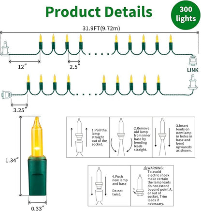 LAMPHOME Yellow Christmas Lights Decoration 300 Lights 63.8ft(2pk of 150L) UL Certified Mini Bulb Golden String Lights Set for Outdoor Christmas Tree Garden Holiday Party Patio Decor