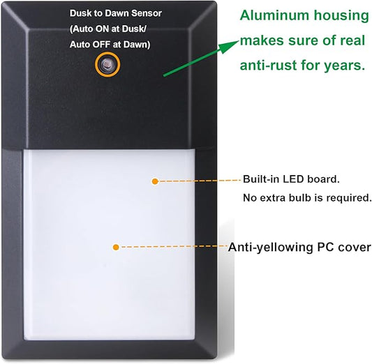 LIT-PaTH Dusk to Dawn Outdoor Wall Lantern, LED Wall Sconce for Porch Lighting Fixture, 12W 1000 Lumens, Aluminum Housing Plus PC, 2-Pack, 3000K-Black Finish