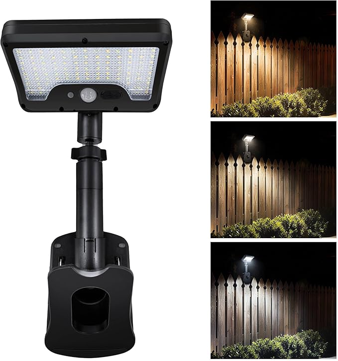 Clip-On Solar Motion Lights Outdoor with Remote, 600LM IP65 Waterproof, 1500mAH USB & Solar Powered for Fence, Camping, Porch - Black(1-Pack)