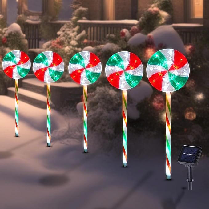 BRIGHTDECK Lollipop Solar Christmas Pathway Lights Outdoor, 5 Pack LED Christmas Decor with 8 Lighting Modes, Light Up Solar Stake Lights for Holiday, Xmas, Walkway, Sidewalk (RedGreen, 5 PCS)