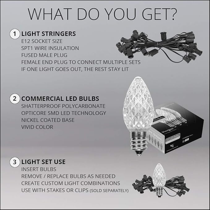 C7 Blue OptiCore Commercial Christmas Lights – LED Bulbs for Outdoor Holiday Party; Green Wire (100 Lights, 100 ft | Lumora