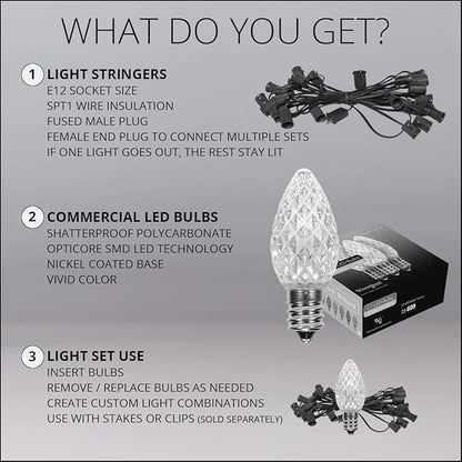 Wintergreen Lighting C7 Opticore Cool White Commercial Christmas Lights Outdoor Holiday Party Patio Bulbs on Heavy Duty Green Wire (100 Lights, 100 ft)