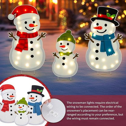 Large Illuminated Christmas Snowman Outdoor Decoration, 3-Piece pre-Installed Light 2D Snowman Family Set, Equipped with 30 Warm White Lights, Suitable for Balconies, lawns, and Gardens