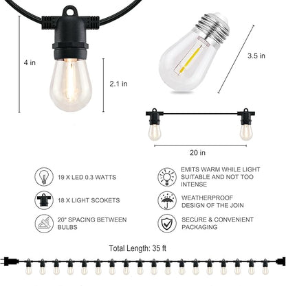 YULETIME 35 Feet 18 Sockets Patio String Lights with LED Bulbs, Weatherproof Backyard Light Bistro Lights (18 Lights - Plug-in)