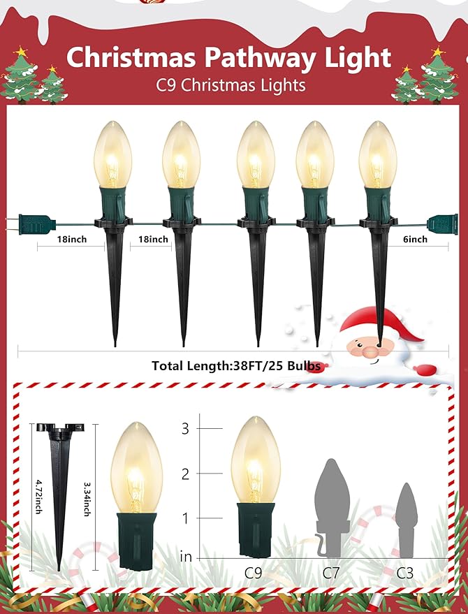C9 Christmas Pathway Lights Outdoor, 38Ft Outside Christmas Decorations with 25 7W Clear Bulbs and Stakes | Lumora