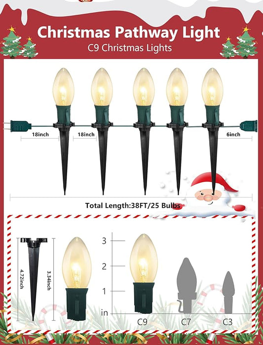 C9 Christmas Pathway Lights Outdoor, 38Ft Outside Christmas Decorations with 25 7W Clear Bulbs and Stakes, Waterproof Walkway String Lights for Outside Driveway Sidewalk Yard Path Holiday Xmas Decor