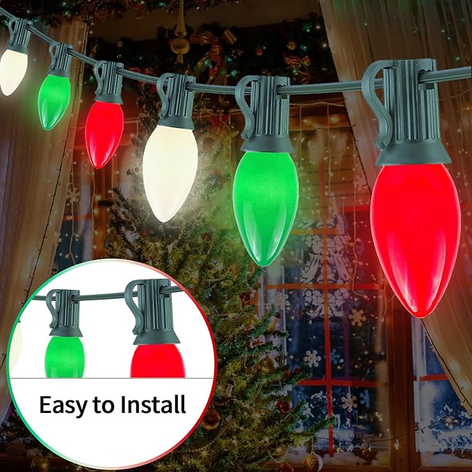 25FT C7 Christmas Lights Outdoor, Red Green White 3-Color LED String Lights for Roof, Fence, Tree, Wedding, Party | Lumora