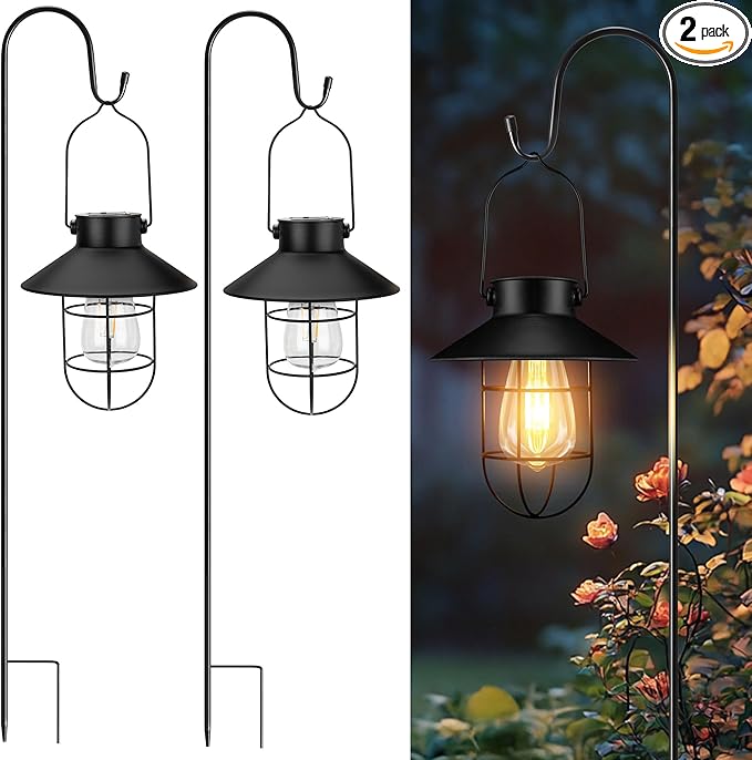 pearlstar 2 Pack Solar Lights Outdoor, Hanging Solar Lanterns with Edison Bulb and 2 x 32 Inch Shepherd Hooks | Lumora