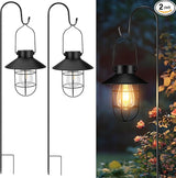 pearlstar 2 Pack Solar Lights Outdoor, Hanging Solar Lanterns with Edison Bulb and 2 x 32 Inch Shepherd Hooks | Lumora