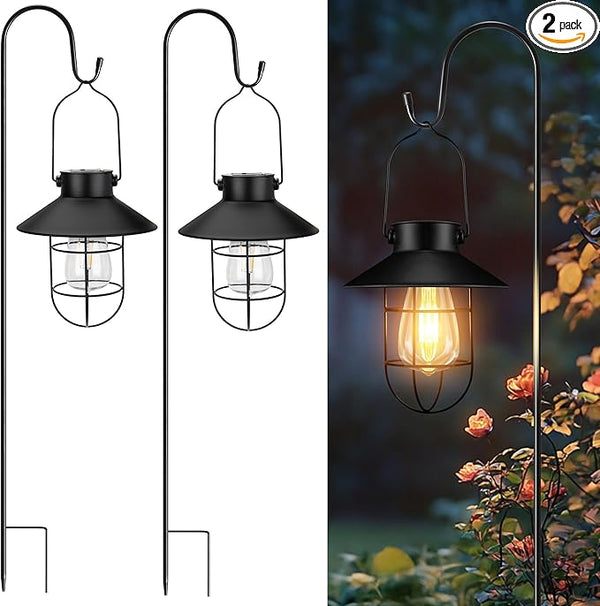 pearlstar 2 Pack Solar Lights Outdoor, Hanging Solar Lanterns with Edison Bulb and 2 x 32 Inch Shepherd Hooks | Lumora