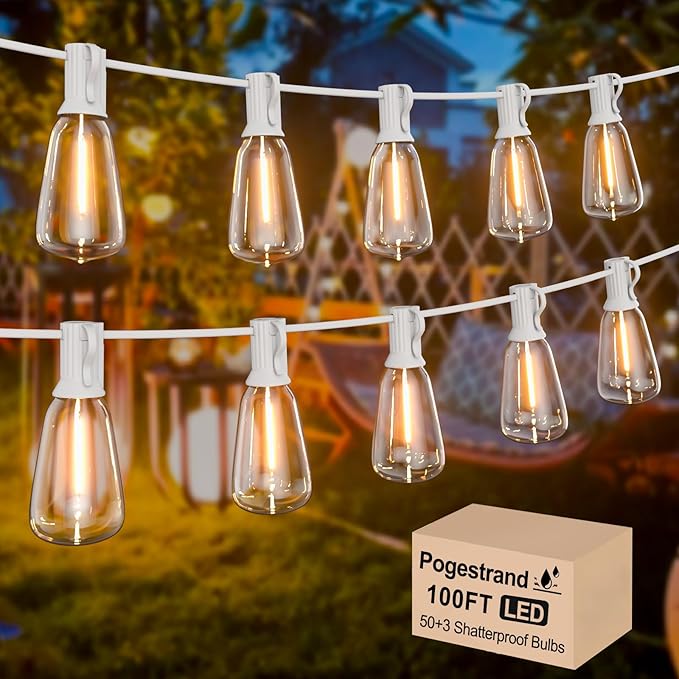 LED Outdoor String Lights 100ft ST38 White Waterproof Patio Lights with 50 Vintage Shatterproof Bulbs(3 Spare), Dimmable Outside Hanging Edison String Lights for Backyard Porch Balcony, Warm White