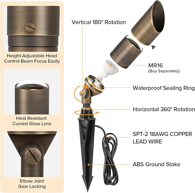 LUTEC Solid Brass Low Voltage Landscape Lighting, 12V Heavy Duty Waterproof Landscape Spotlights, Adjustable Bronze | Lumora