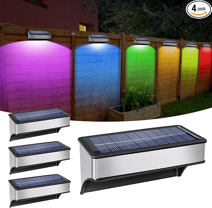 4 Pack Solar Fence Lights Outdoor RGB Color Changing and 10 Fix Colors Stainless Steel Waterproof Solar Lights LED Wall Lighting Decor Deck Light for Stairs Patio