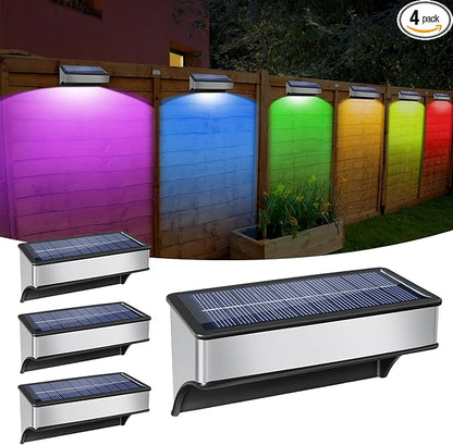 4 Pack Solar Fence Lights Outdoor RGB Color Changing and 10 Fix Colors Stainless Steel Waterproof Solar Lights LED Wall Lighting Decor Deck Light for Stairs Patio