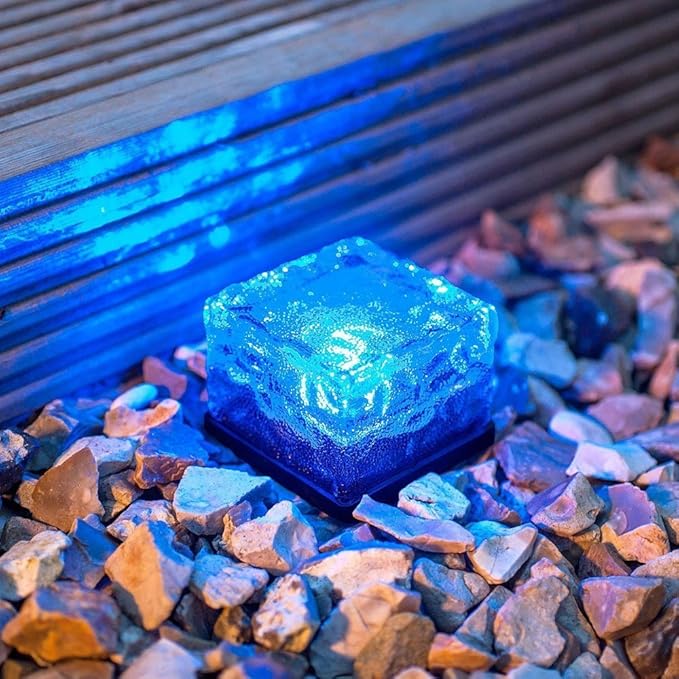 Solar Glass Brick Lights, Ice Cube Lights Solar Landscape Light Buried LED Frost Glass Path Lights for Garden, Outdoor Decoration Waterproof 4-Pack (Blue)