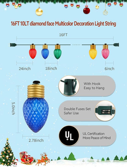 C9 LED Christmas Lights Outdoor Waterproof, 16FT 10 Large Bulb Bright Christmas String Lights, UL Certified Heavy-Duty Diamond Faceted Lights for Roofline, Patio, Yard & Holiday Decor (Multicolor)