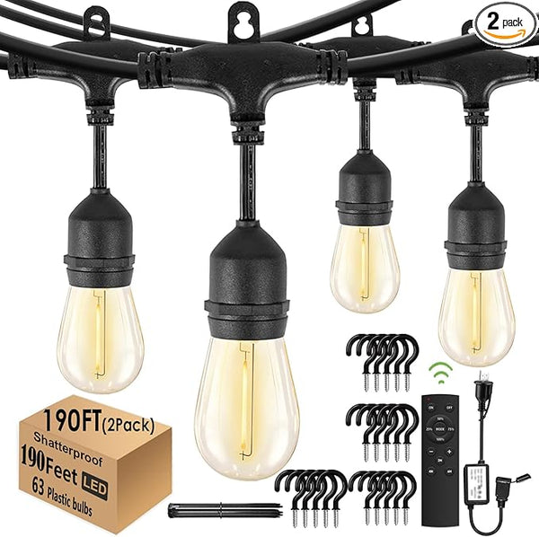 190FT Remote Controlled Outdoor String Lights Patio String Lights for Outside, 60+3 Shatterproof S14 Warm Lights | Lumora