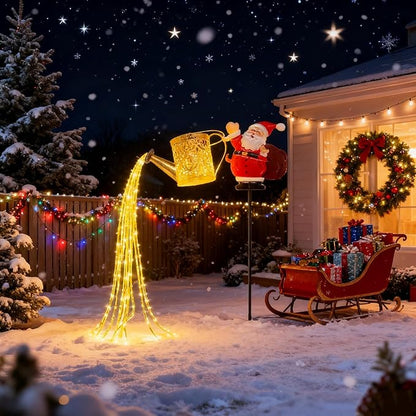 Christmas Santa Solar Kettle Lights, New Santa Claus Solar Watering Can Kettle Lights Outdoor, Metal Waterproof Garden Lantern for Yard, Patio, Lawn, Pathway Colorful Light 2pcs